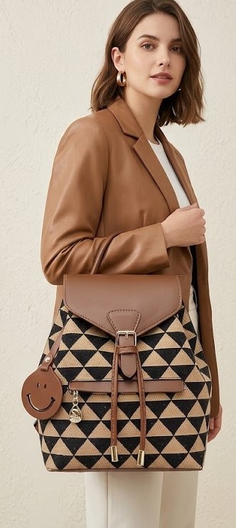 Women Black Beige Geometric Backpack