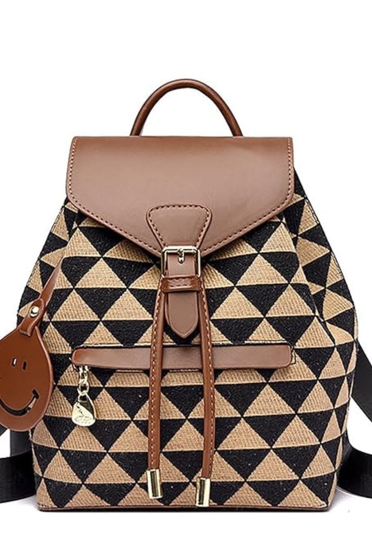 Women Black Beige Geometric Backpack