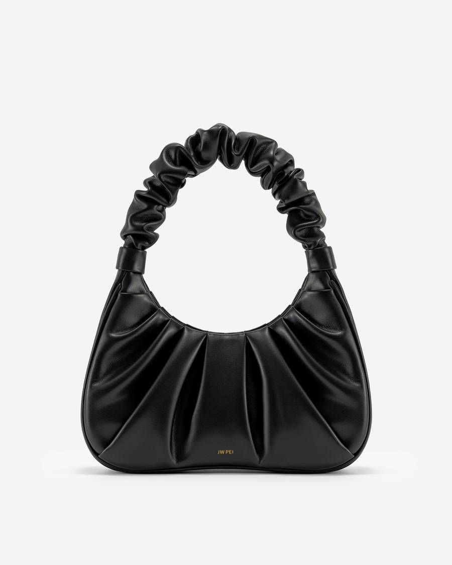 Women Black Ruched Faux Leather Shoulder Bag