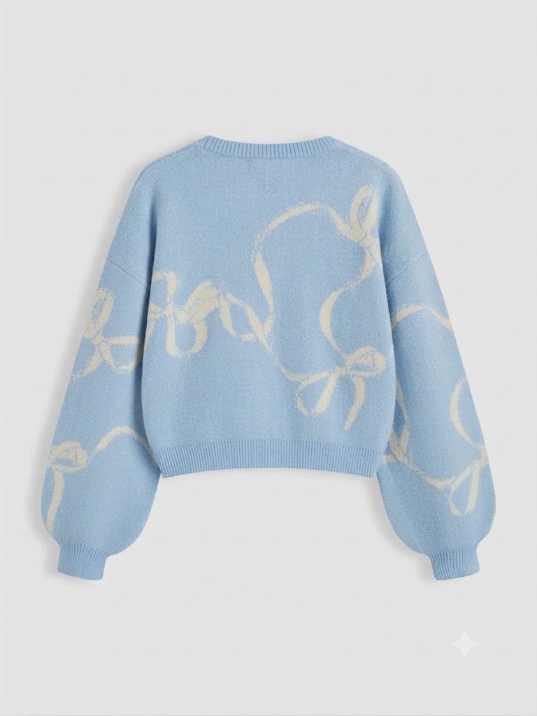 Sky Blue Bow Pattern Knit Sweater