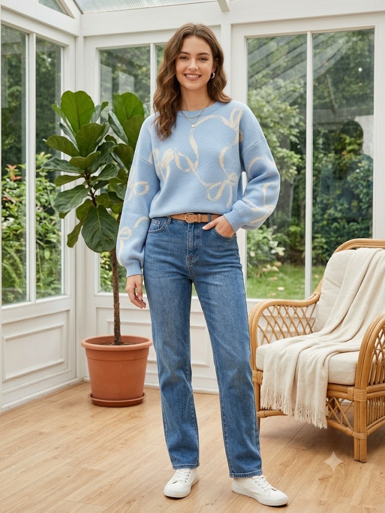 Sky Blue Bow Pattern Knit Sweater