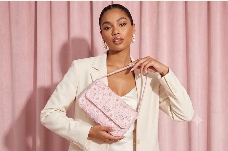 Women Pink Sequin Floral Shoulder Bag
