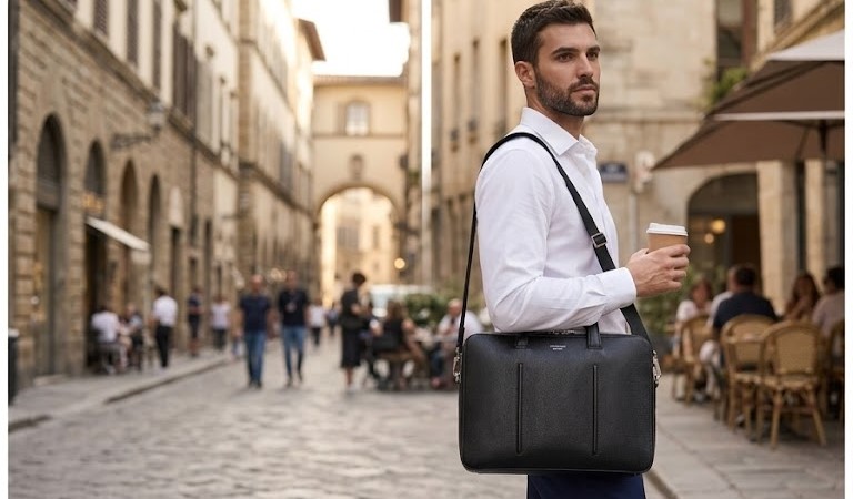 Black Premium Leather Laptop Briefcase