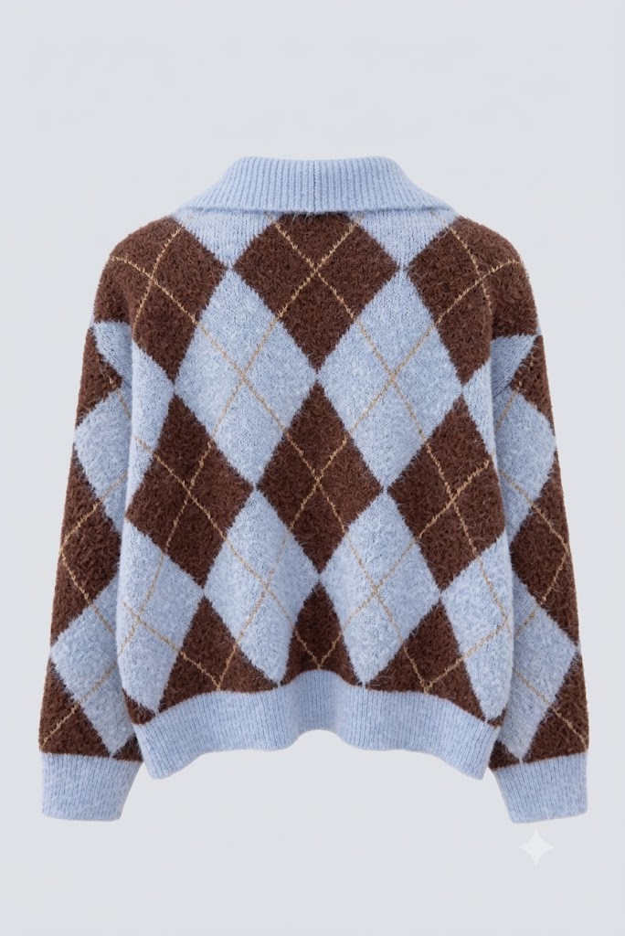 Brown Blue Argyle Collar Knit Sweater