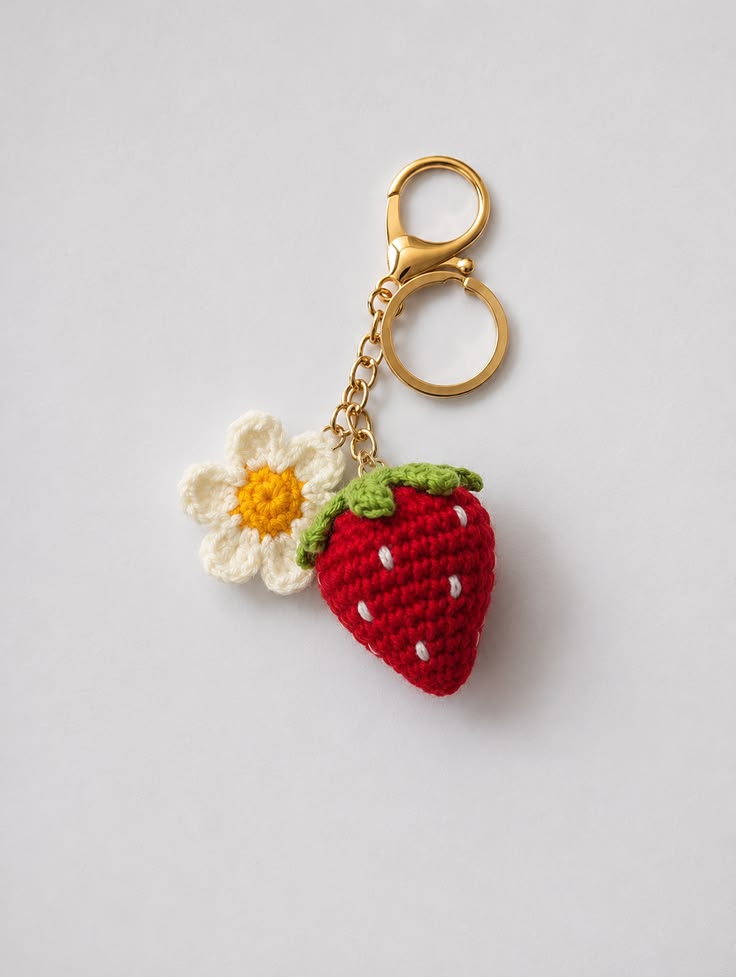 Crochet Strawberry Flower Keychain