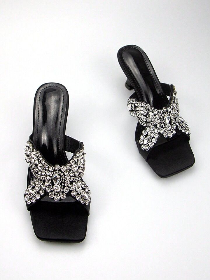 Crystal Embellished Black Flat Sandals