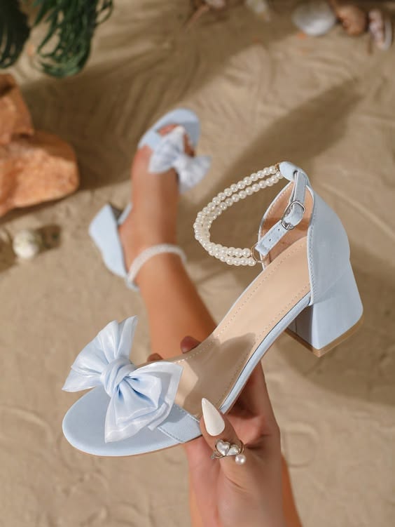 Light Blue Pearl Bow Block Heels