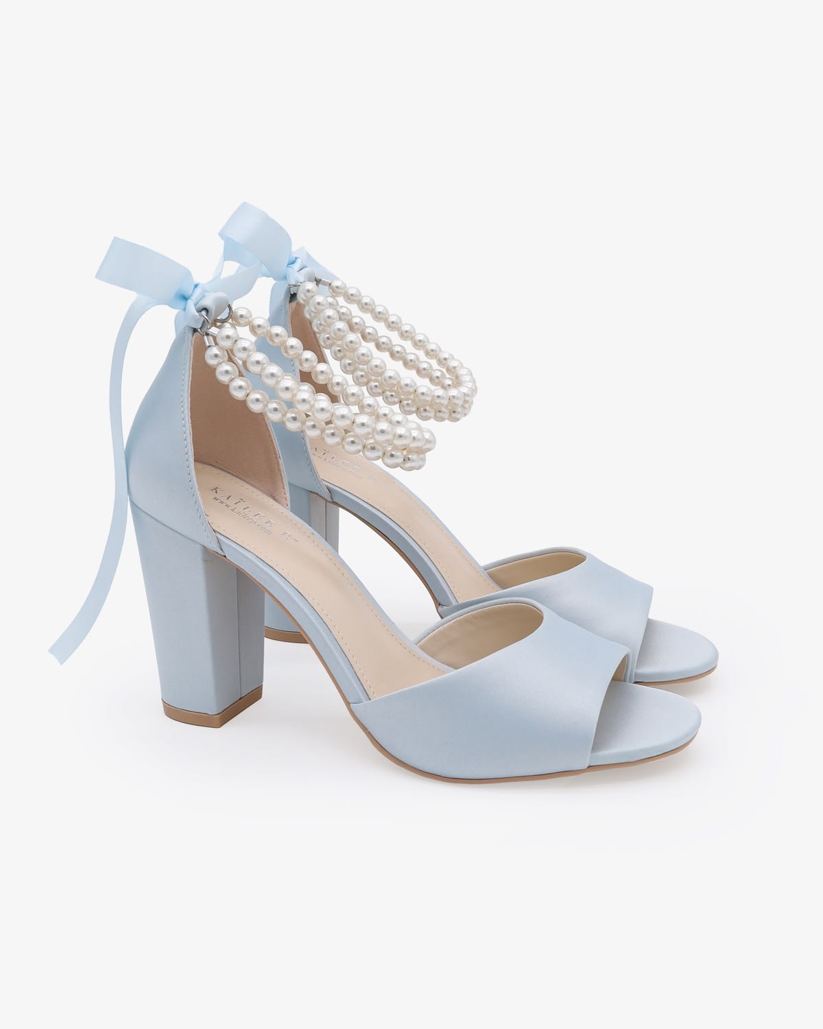 Light Blue Pearl Bow Block Heels