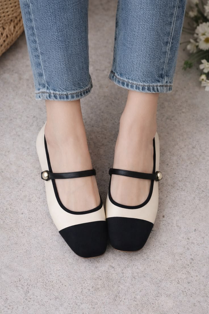 Cream Black Mary Jane Block Heels