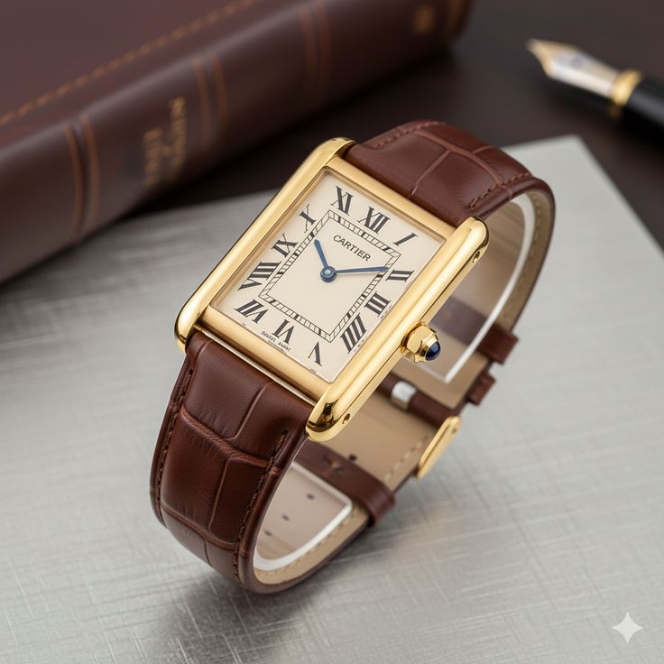 Vintage Gold Petite Tank Leather Dress Watch