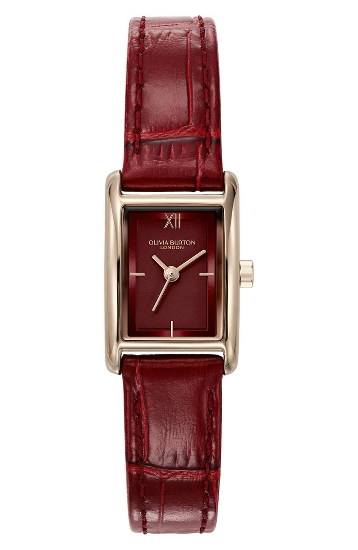 Oxblood Red Rectangular Rose Gold Leather Watch