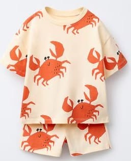 Cream Crab Print T-Shirt & Shorts Set