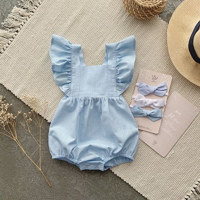 Sky Blue Smocked Romper with Headband
