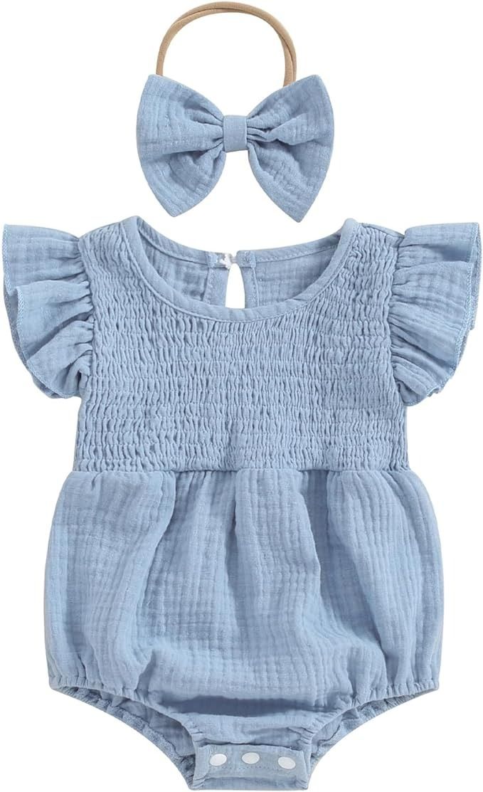 Sky Blue Smocked Romper with Headband