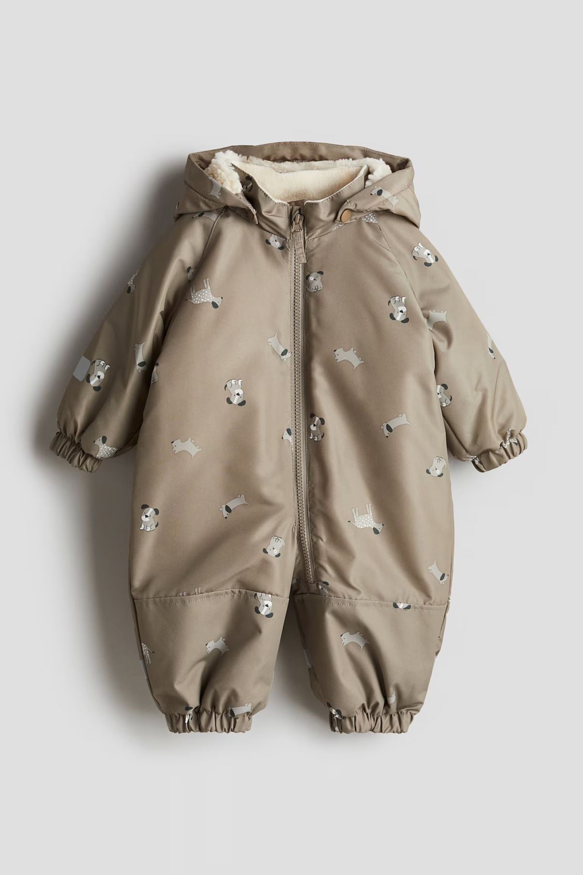 Beige Puppy Print Hooded Baby Jumpsuit