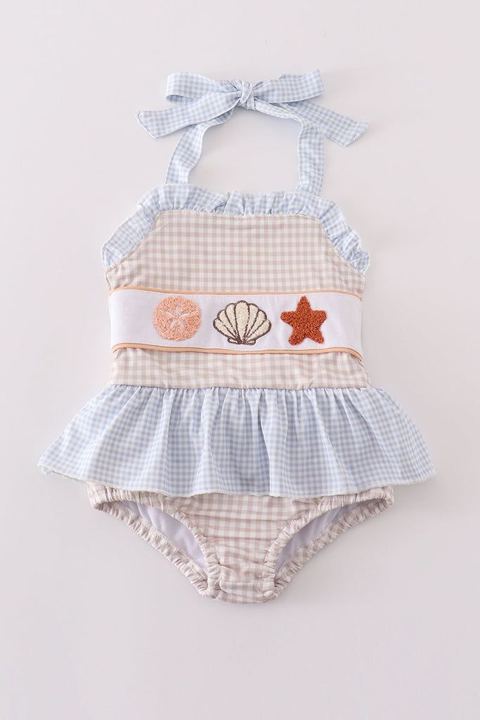 Blue Gingham Seaside Baby Romper