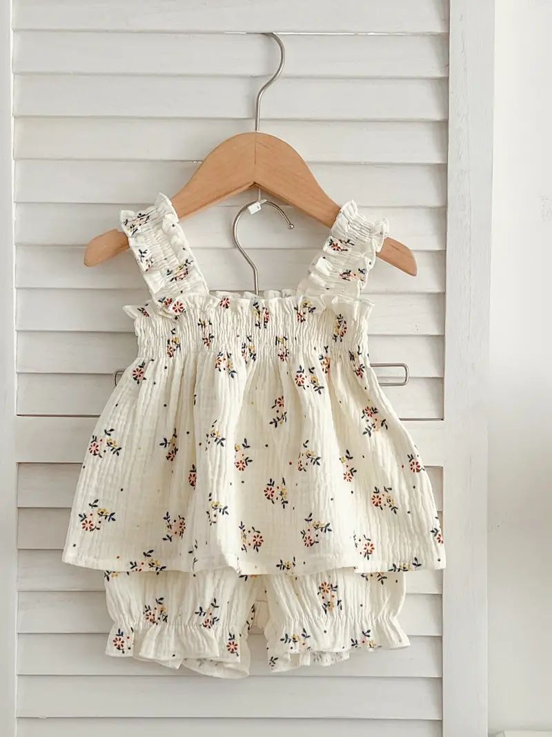 White Floral Smocked Baby Top & Shorts Set