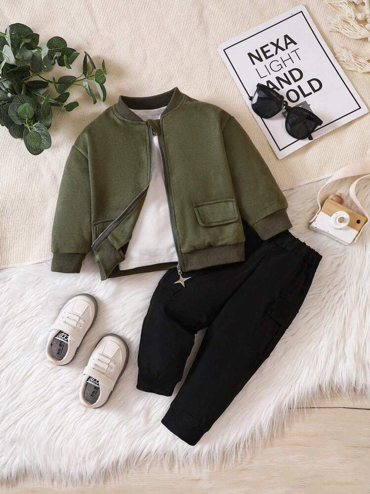 Olive Utility Jacket & Black Cargo Pants Set