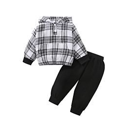 Black & White Plaid Hooded Shirt with Joggers