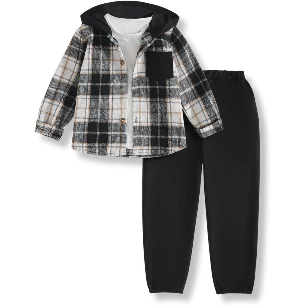 Black & White Plaid Hooded Shirt with Joggers
