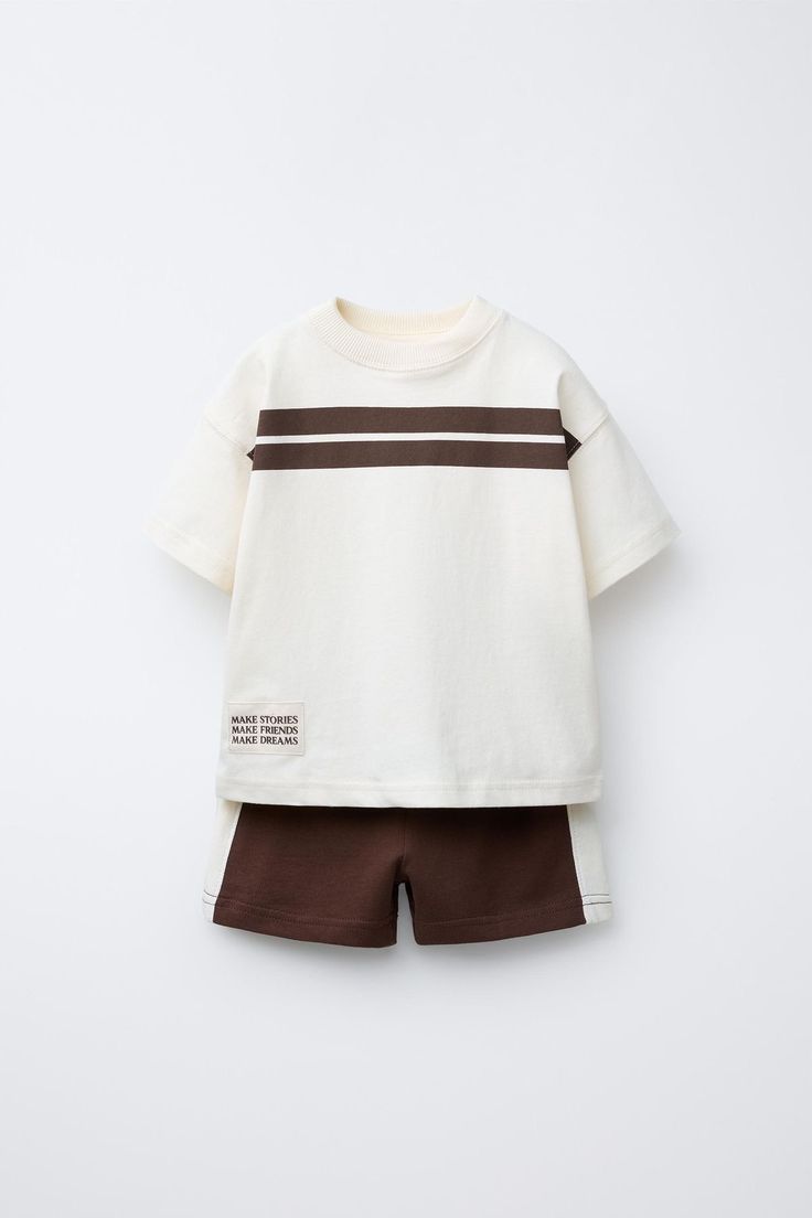 Cream Stripe T-Shirt & Brown Shorts Set