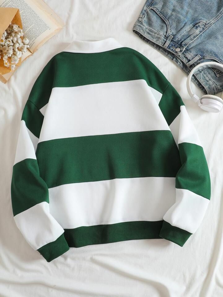 Green & White Striped Sweatshirt