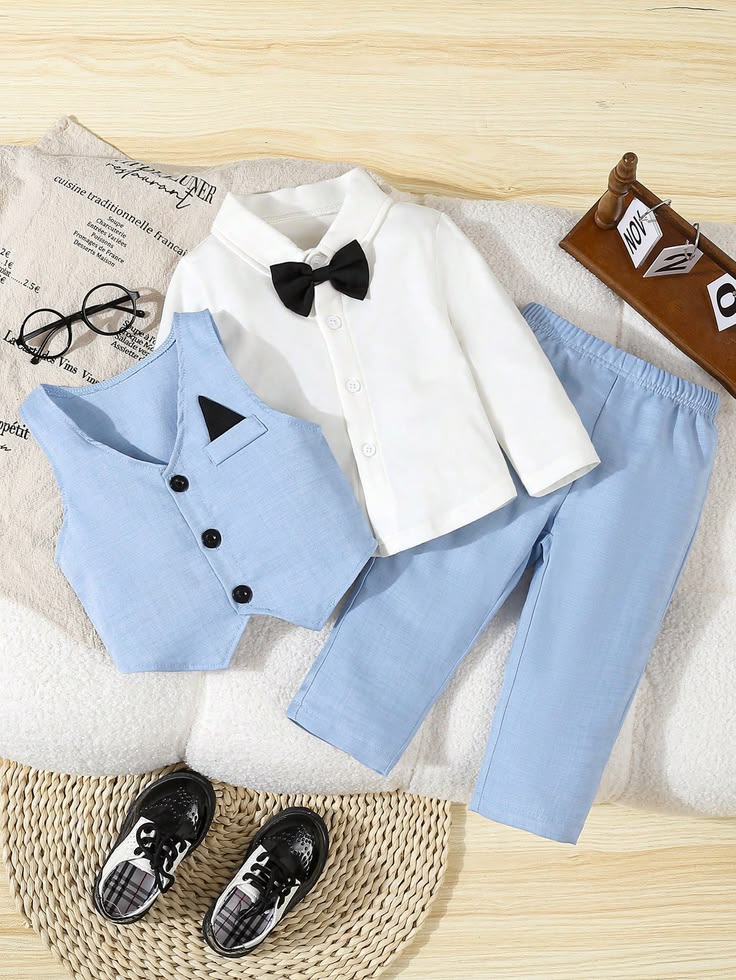 Light Blue Vest, White Shirt & Trousers Set