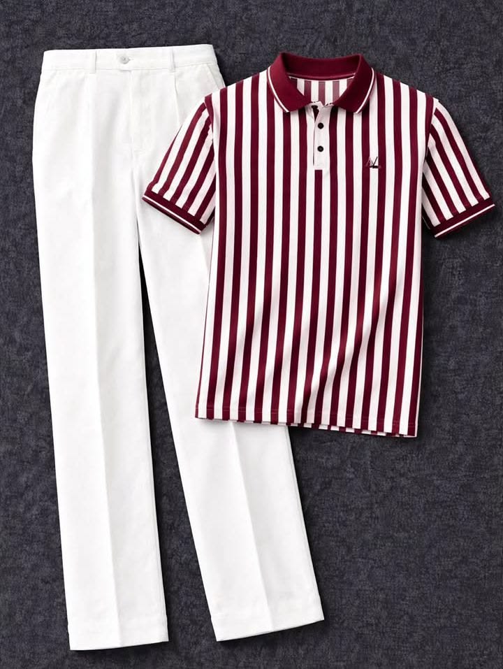 Maroon Striped Polo Shirt & White Pants Set