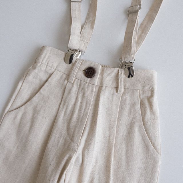 Blue Plaid Shirt & Beige Suspender Pants Set