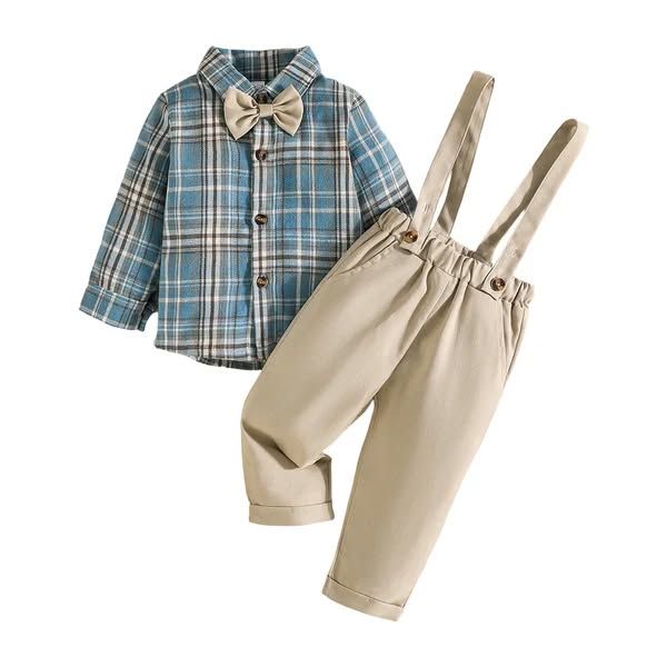 Blue Plaid Shirt & Beige Suspender Pants Set