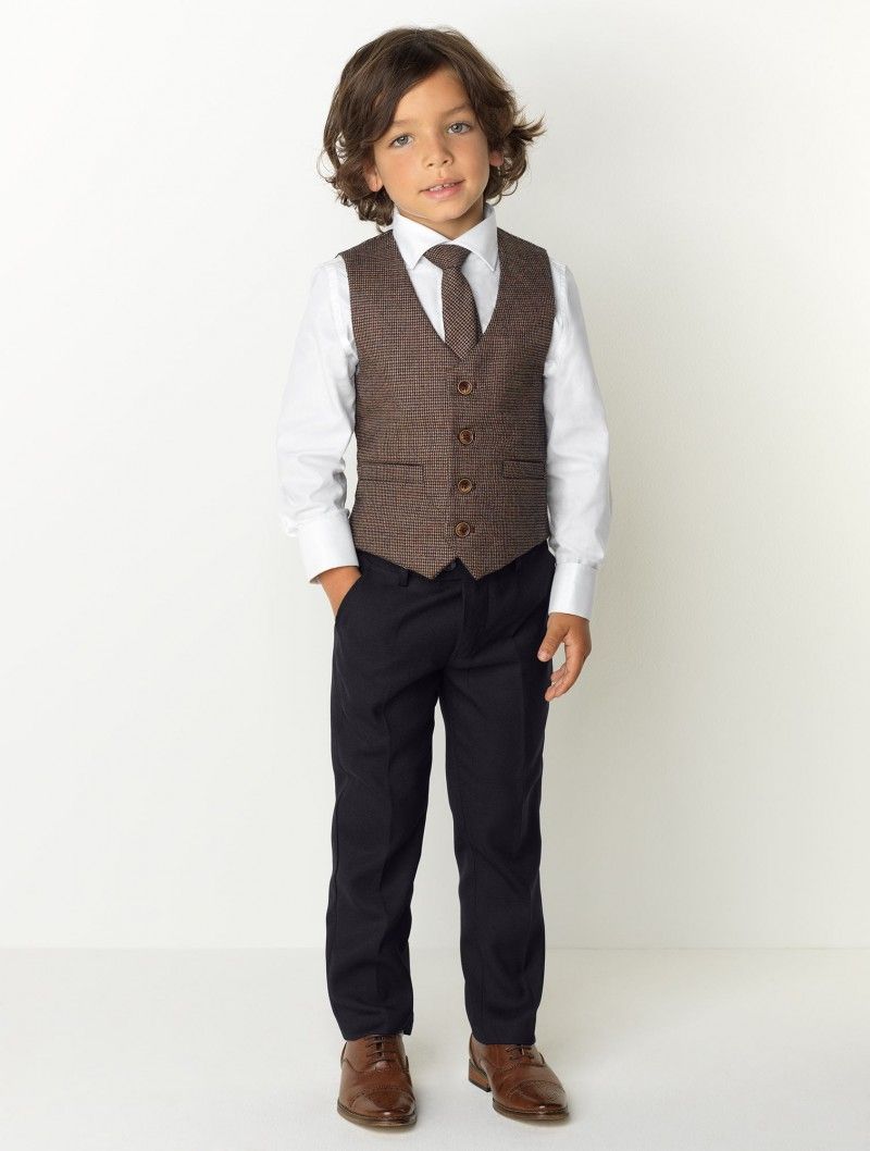 Brown Waistcoat, White Shirt & Black Pants Set
