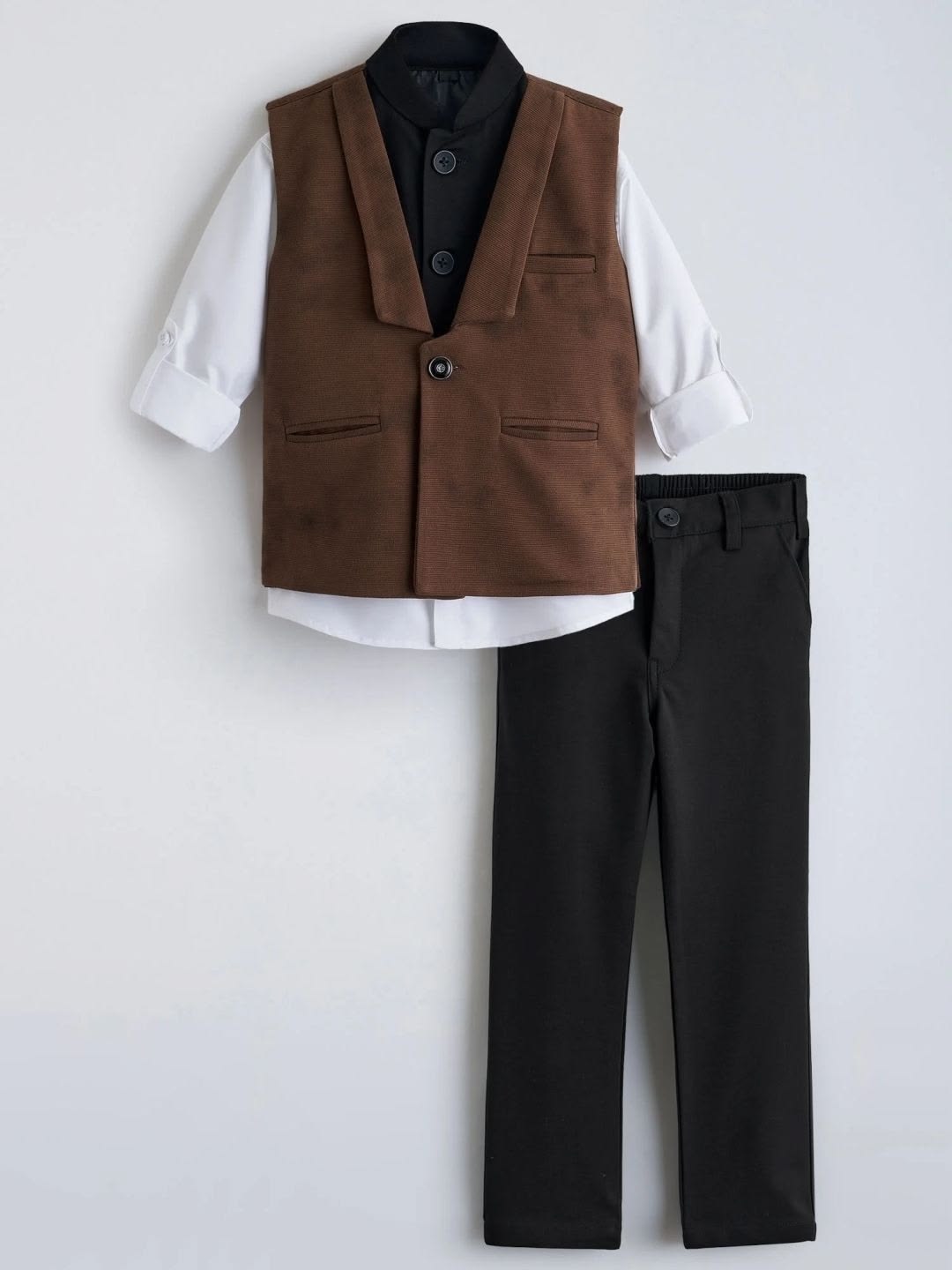 Brown Waistcoat, White Shirt & Black Pants Set