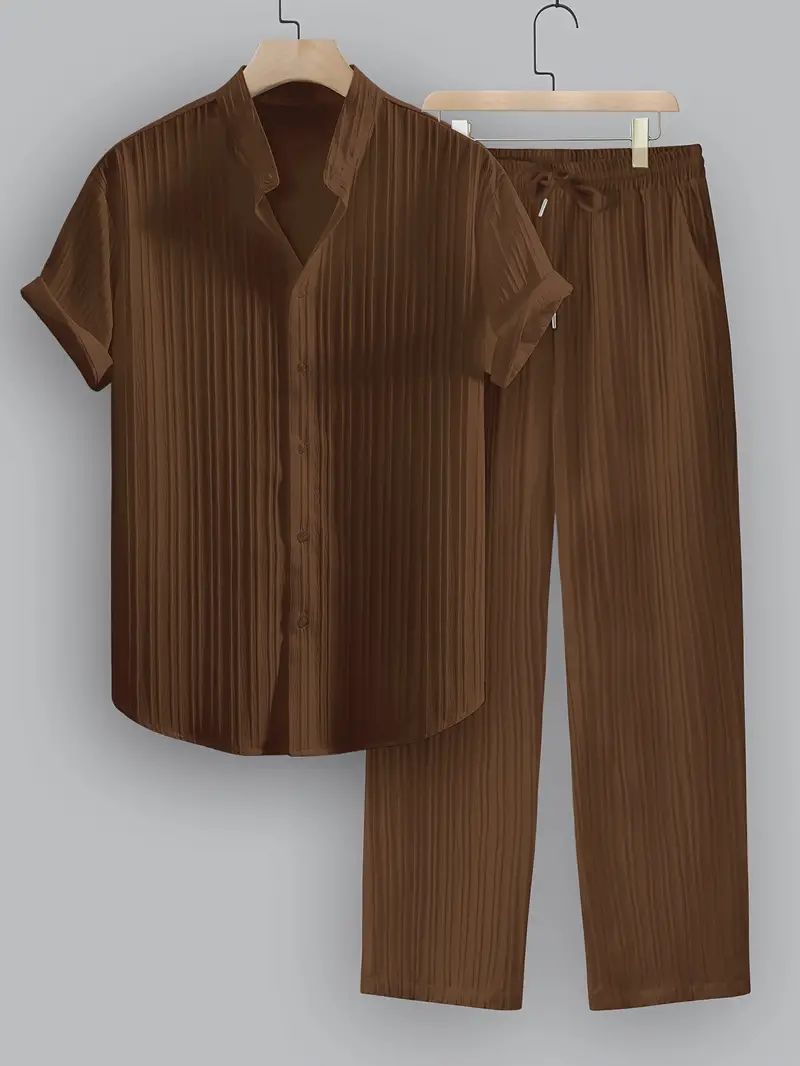 Brown Pleated Shirt & Pants Co-ord Set