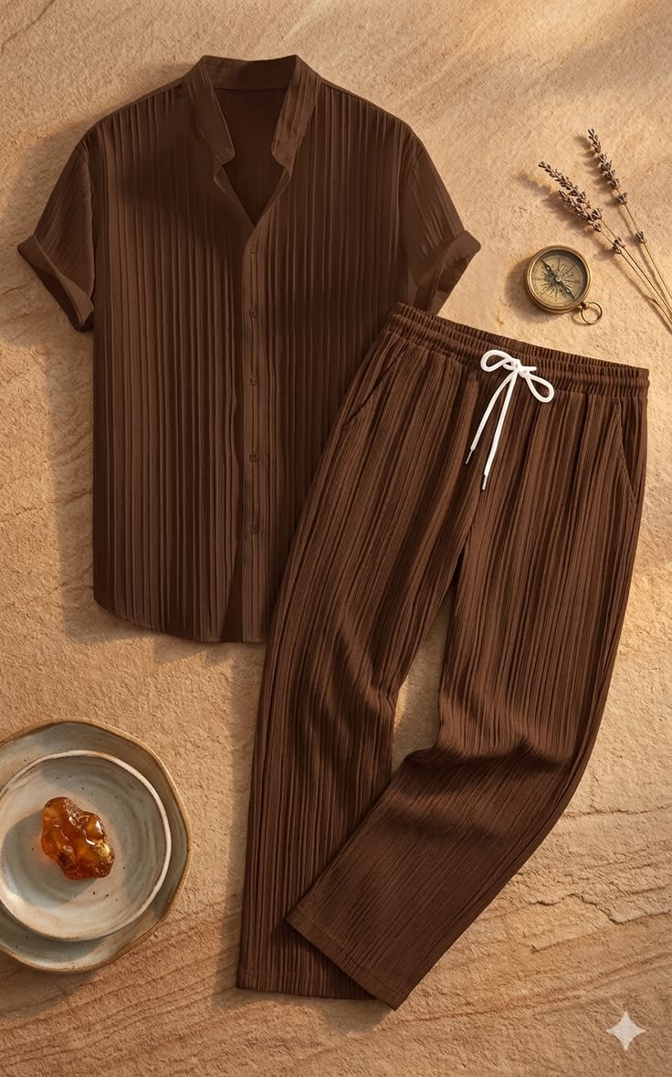 Brown Pleated Shirt & Pants Co-ord Set