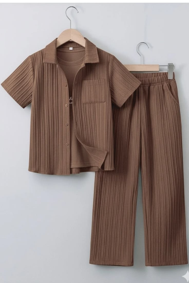 Brown Pleated Shirt & Pants Co-ord Set