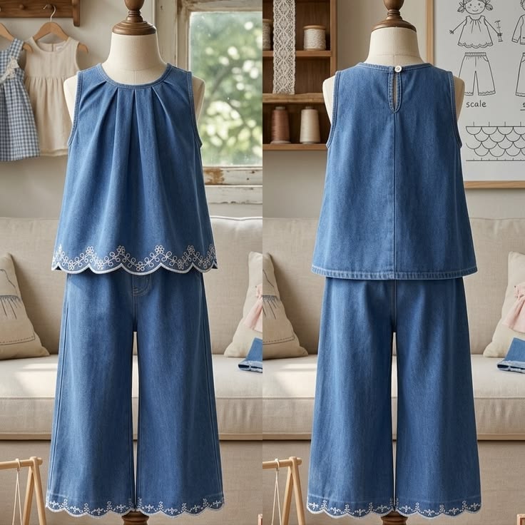 Denim Top & Embroidered Wide Leg Pants Set