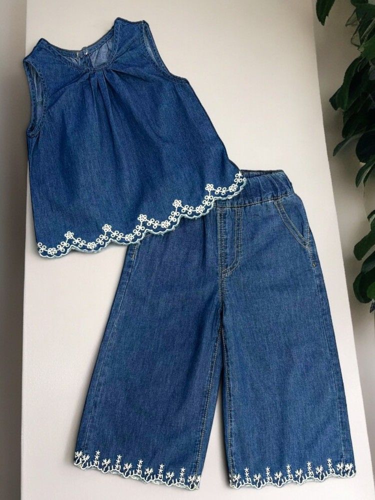 Denim Top & Embroidered Wide Leg Pants Set