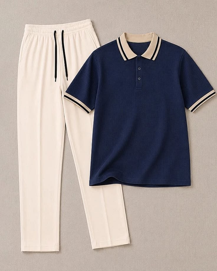 Navy Polo Shirt & Cream Pants Set