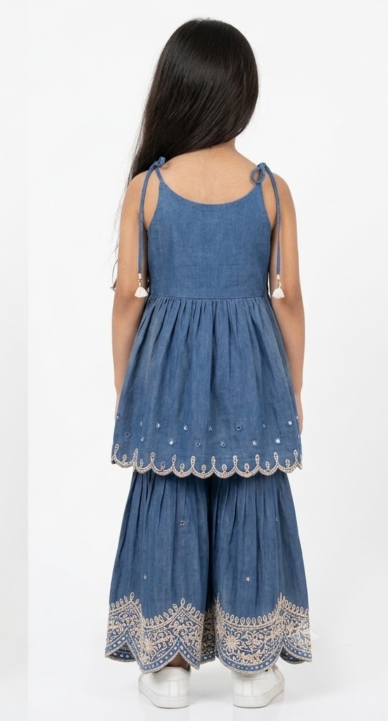 Blue Embroidered Anarkali Sharara Set
