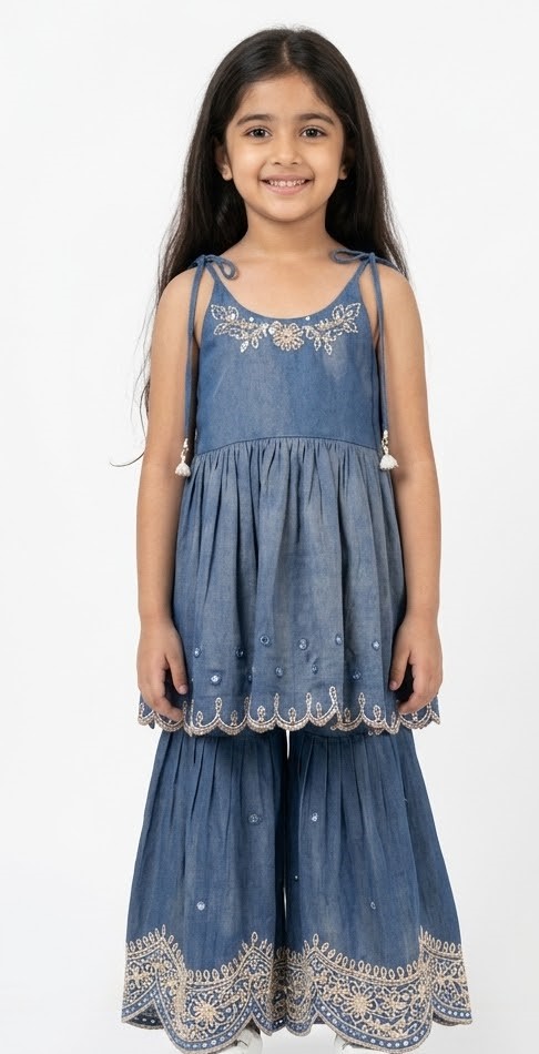 Blue Embroidered Anarkali Sharara Set