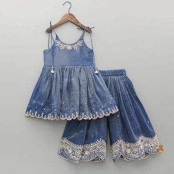 Blue Embroidered Anarkali Sharara Set