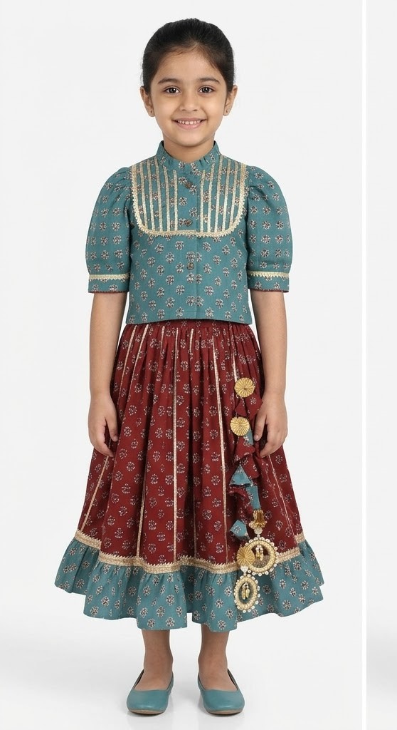 Teal & Maroon Printed Lehenga Choli Set