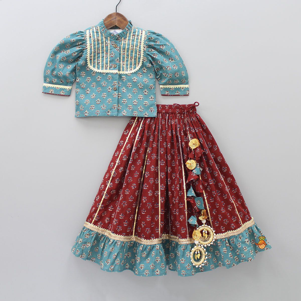 Teal & Maroon Printed Lehenga Choli Set