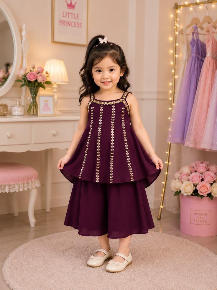 Wine Embroidered Kurta Palazzo Set