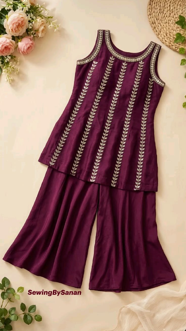 Wine Embroidered Kurta Palazzo Set