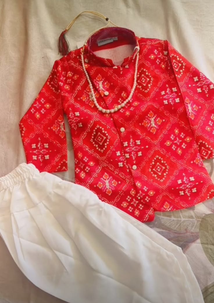 Red Printed Kurta & White Pajama Set