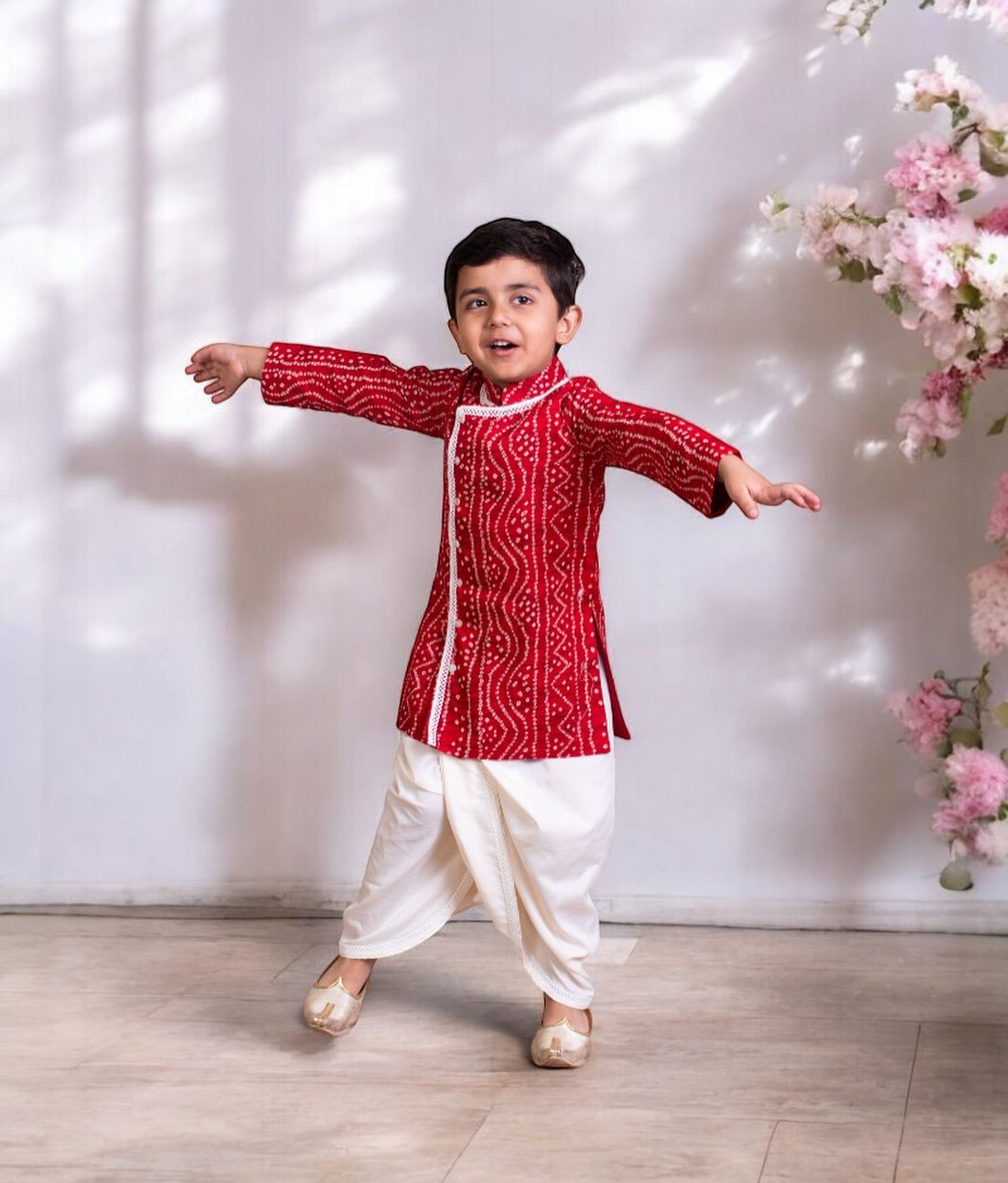 Red Printed Kurta & White Pajama Set