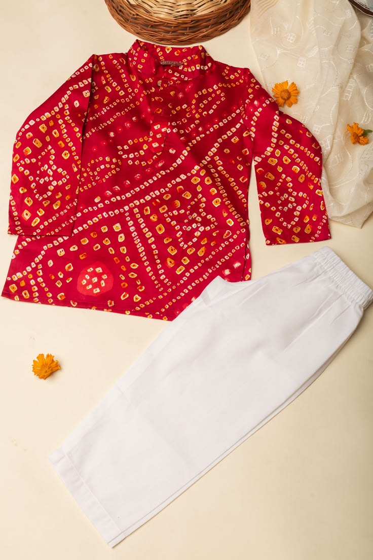 Red Printed Kurta & White Pajama Set