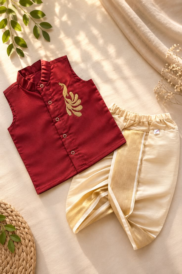Maroon Kurta & Cream Dhoti Set