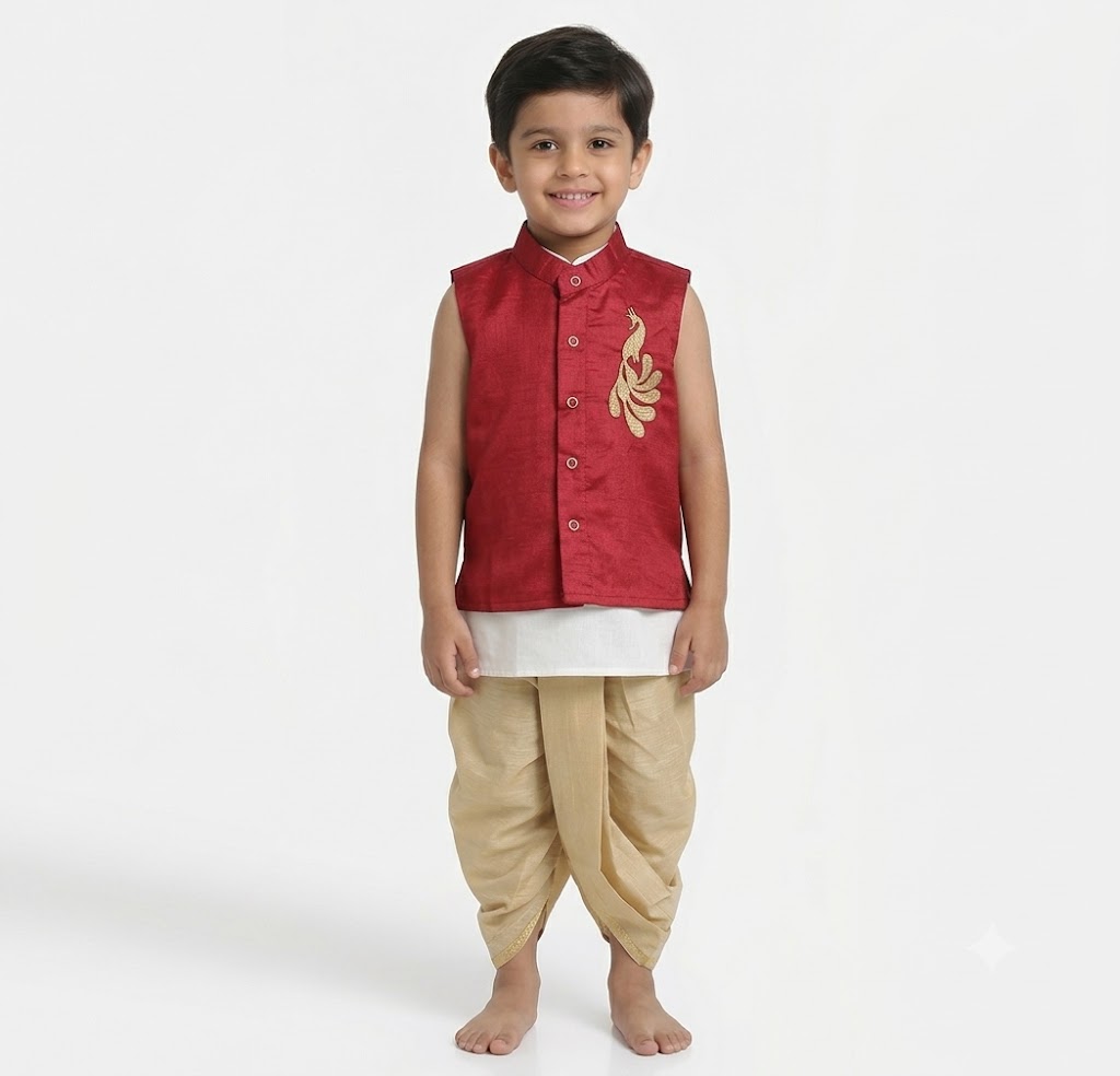 Maroon Kurta & Cream Dhoti Set